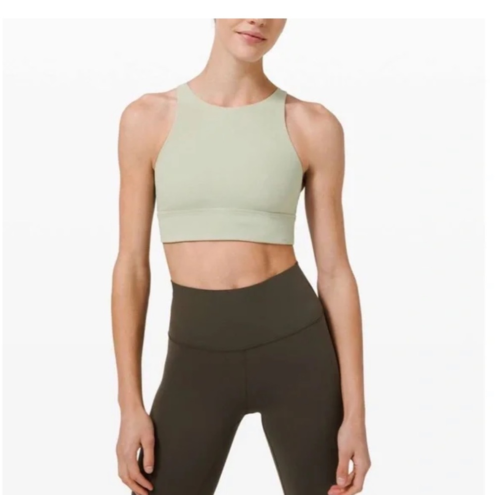 lululemon athletica energy bra long line high neck bra top in sage green